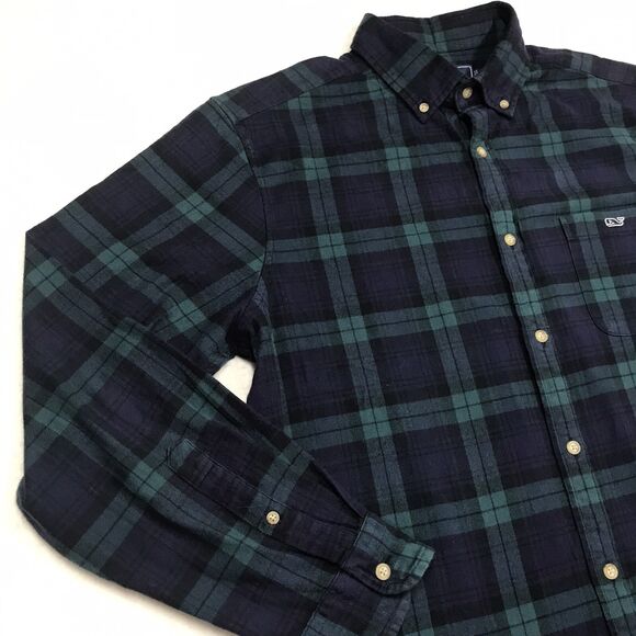 VINEYARD VINES Flannel Shirt Men L Blue Kelly Green Tartan Plaid Prep Notre Dame - Picture 4 of 16